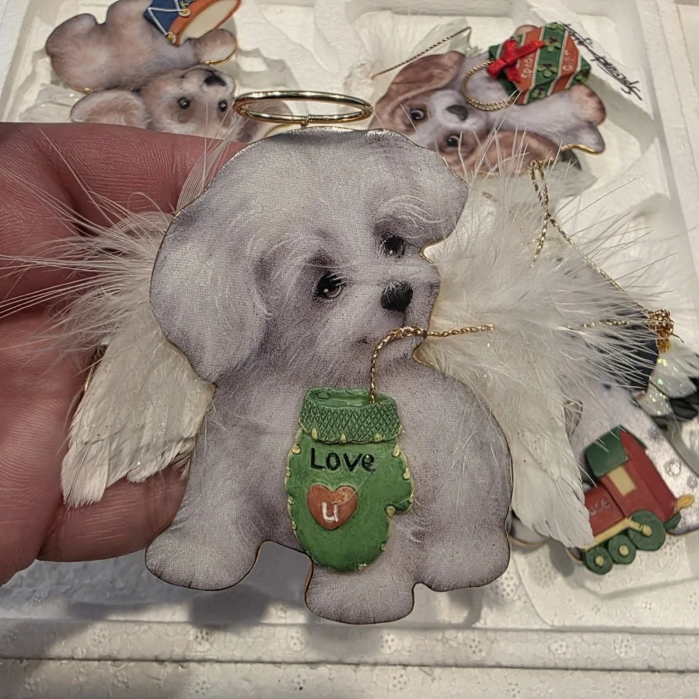 The Bradford Editions Heavenly Waggn Tails‎ Angel Dog Porcelain Ornaments 4pc